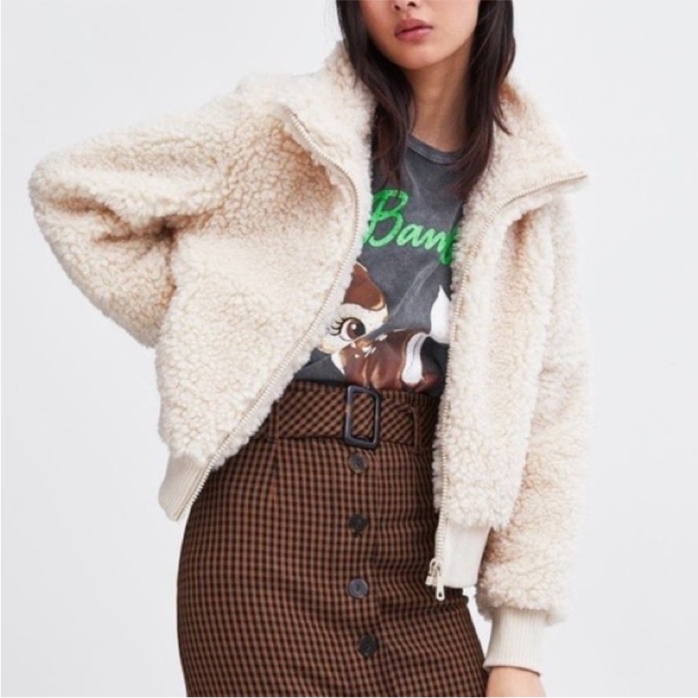 Zara Sherpa Zip-Up Jacket Bomber in Cream - XL